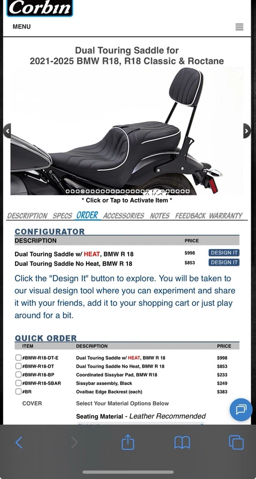 Barra Corbin Sissy con almohadilla trasera de pasajero BMW R18 2021-2025. Nuevo Foto 3 de 3