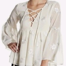 Show Me Your Mumu Ivory Floral Embroidered Bell Sleeve Poet Tie Top Xsmall New
