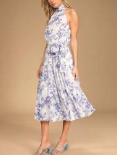 Lulu's Float to You White Floral Print Halter Tiered Midi Dress Women’s Med NWT