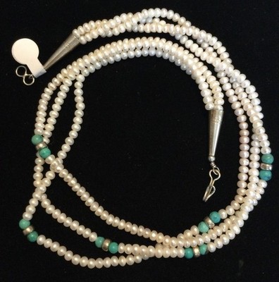 Sterling Silver Southwest Style Three Strand Pearl & Turquoise1 Beads Size 7in