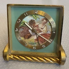 Benrus Hand Painted Romantic Lovers Porcelain Dial Boudoir Clock 8 Day Jeweled