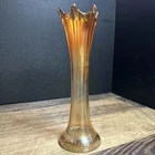 VTG Carnival Glass Gold Iridescent Fluted Cut Glass Bud Vase 9" Tall Star Bottom