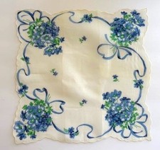 VINTAGE HANKY FLORAL PRINT BLUE FLOWERS RIBBONS SCALLOPED RUFFLED EDGING NEW
