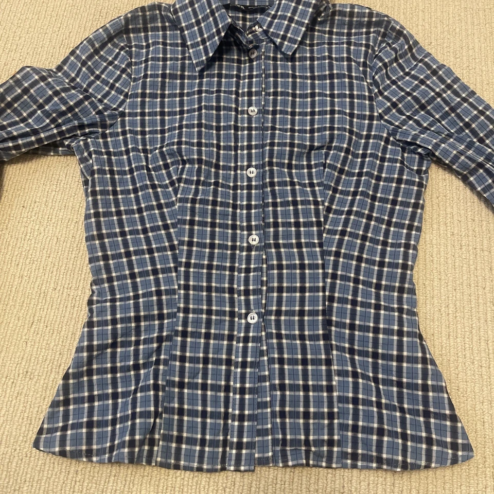Zara Womens Fitted Check Button Down Shirt Size S Blue Black - Image 3 of 4