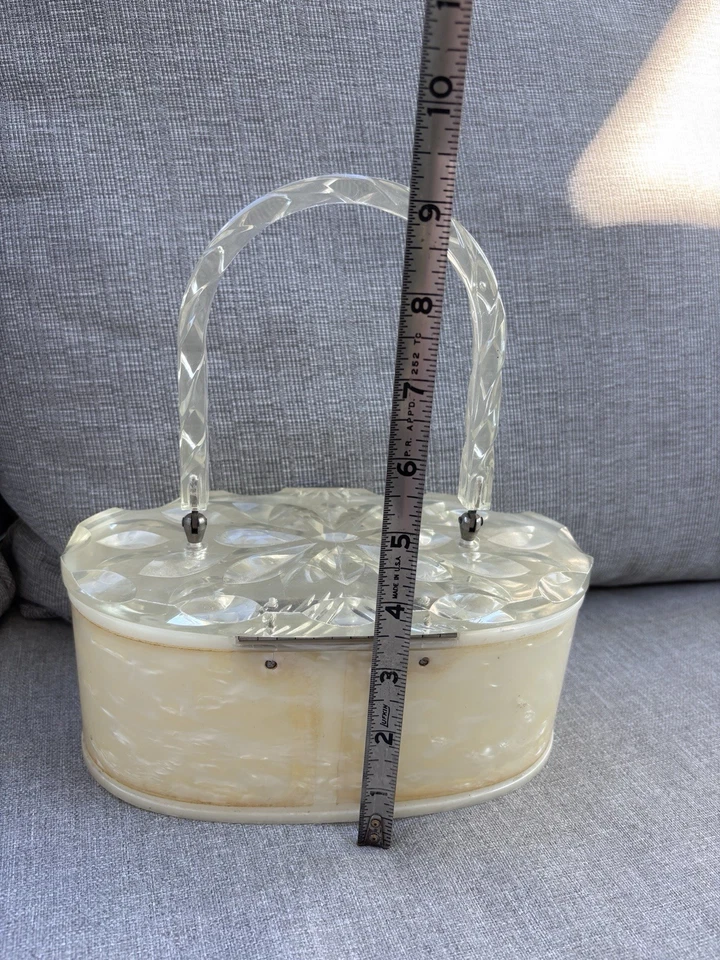 ВИНТАЖНЫЙ 1950-х LUCITE сумочка Дамская сумка жемчуг мрамор слоновой кости круглый коробка стиль изящный! - Изображение 3 из 4