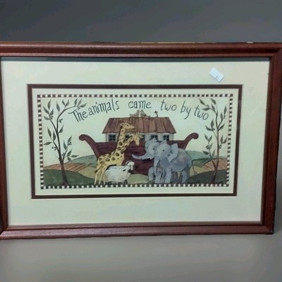 Noahs Ark Picture Two By Two Animals Vtg Framed Nursery Prayer Room Barbara Mock
