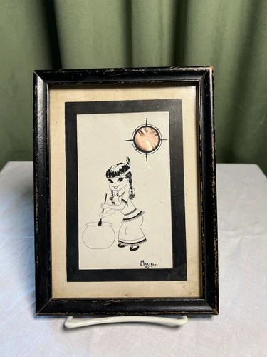 Vintage MCM 5x7 Framed Native American Girl Black & White W/ Metallic Sun Signed