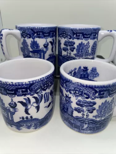 4 Japan Blue Willow Coffee Mugs