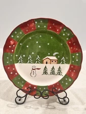 MACY'S The Cellar Log Cabin Round Serving Platter Christmas Tree Snowman Snow  