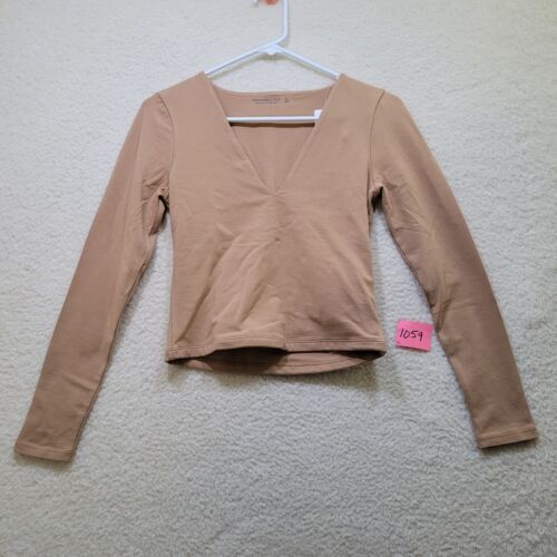 Abercrombie & Fitch Soft AF Tan Long Sleeve V Neck Size Small Stretchy Top NWT - Picture 1 of 14