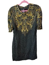 Mark & John by Sam Silk Cocktail Dress Size L Vintage Beaded Sequins Black Gold