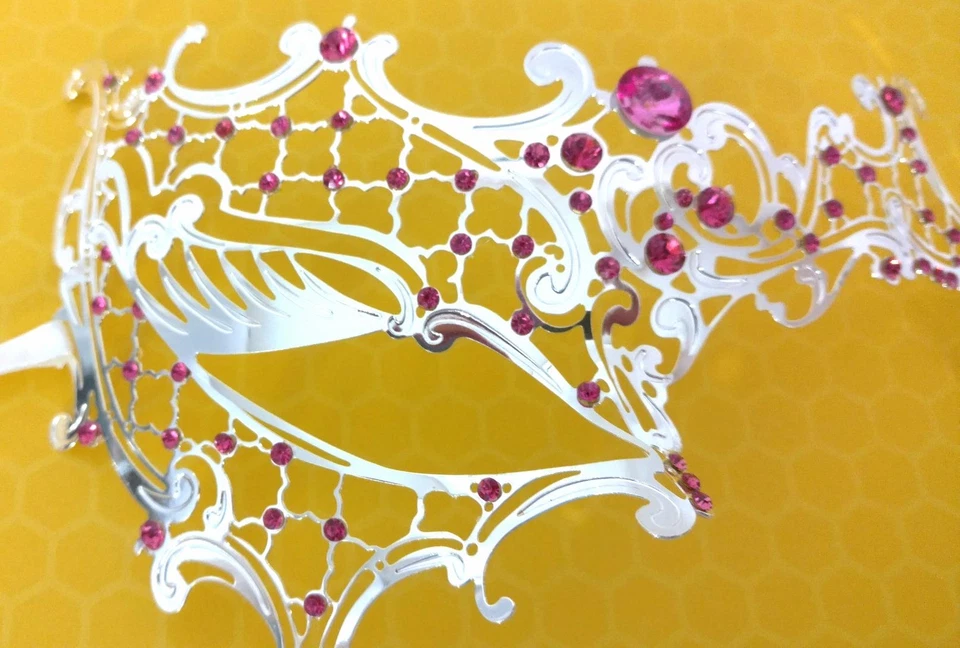 Masquerade Eye Face Mask Venetian Filigree Lace Renaissance Costume Silver Pink - Image 2 of 4