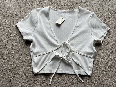 Aeropostale Ivory Open Tie Front Ribbed Crop Top Tee Shirt New