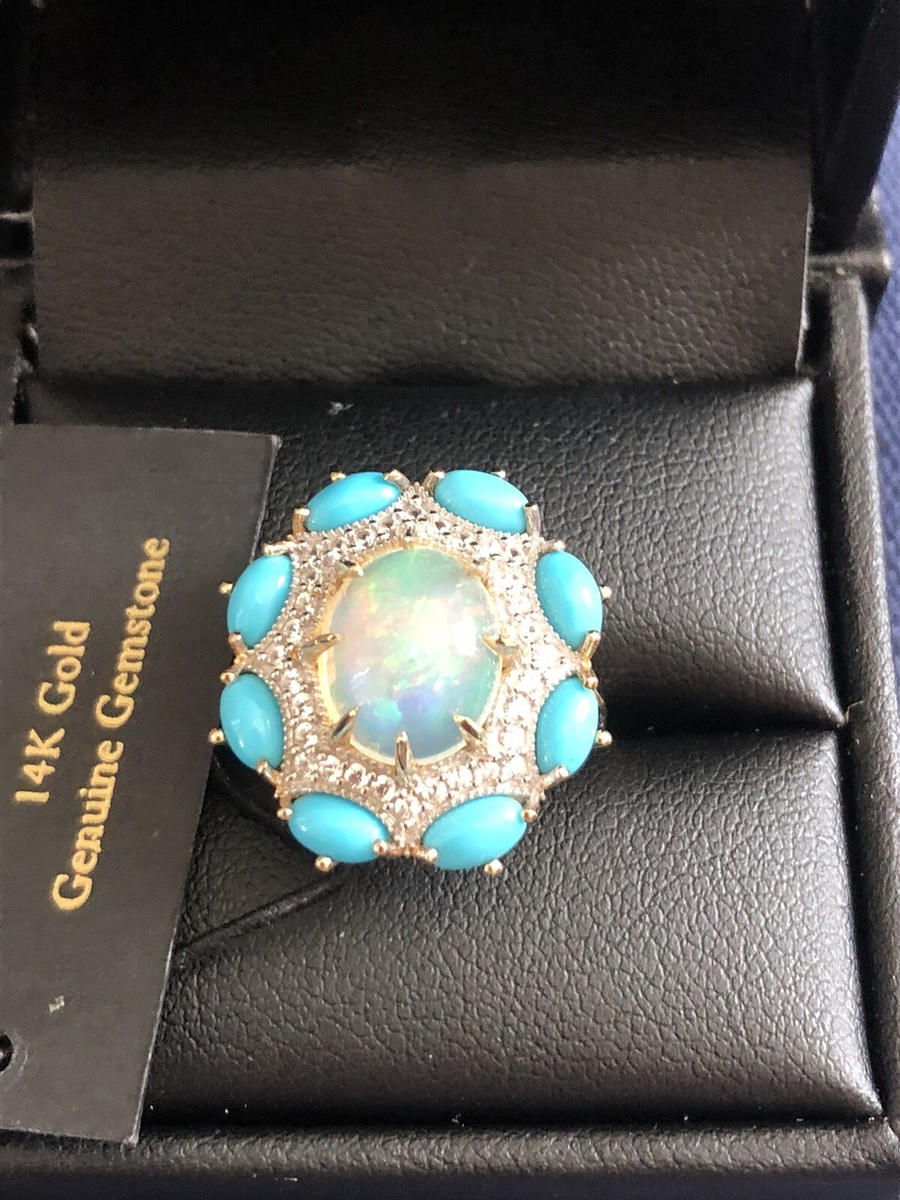 Hirajule Solid 14k Yellow Gold Natural Opal, Turquoise and