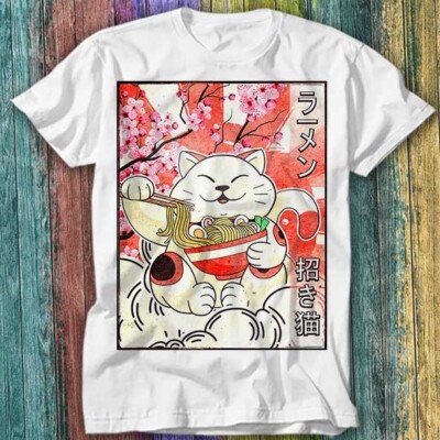  T-Shirt japanische Nudeln Maneki Neko Lucky Cat Ramen Fortune Lesen Top T-Shirt 245