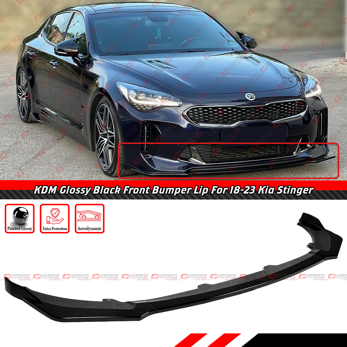 FOR 2018-23 KIA STINGER GT KDM GLOSS BLACK 3PC FRONT BUMPER LIP