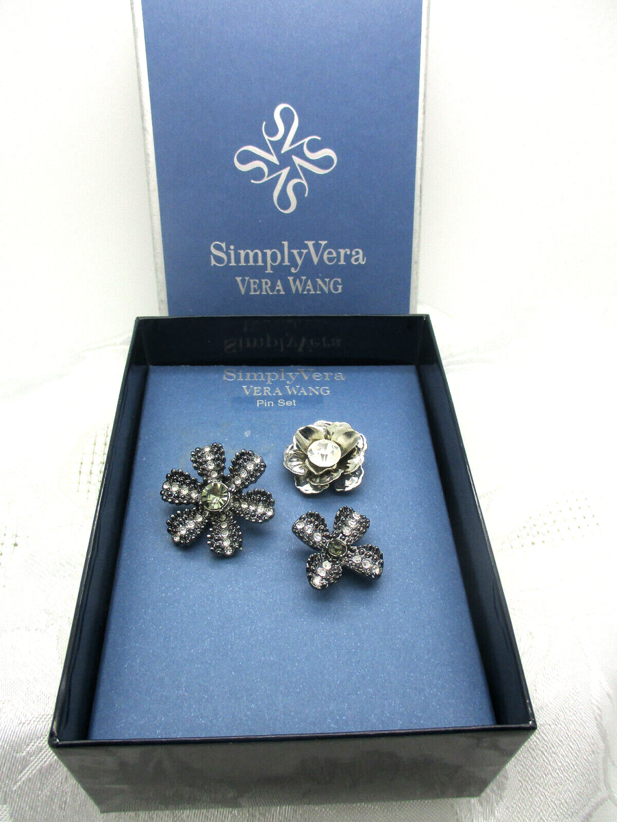 ESTATE JEWELRY LOT SIMPLY VERA WANG PIECE PIN SET FOWER BROOCH RHINESTONE  BOX
