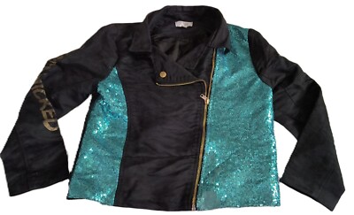 Disney D-signed Girls Faux Suede Full Zip Jacked Black Blue Glitter Size M G001