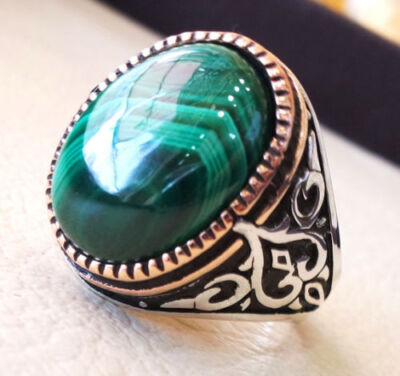 Solid 925 Sterling Silver Natural Green Malachite Gemstone Signet Men's Ring