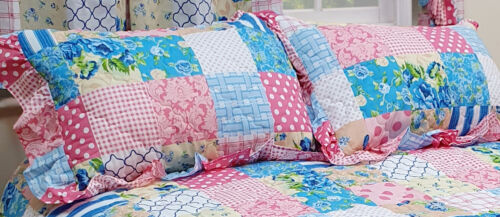 PATCHWORK BLUE BEDSPREAD SET QUILTED FLORAL STRIPES POLKA DOT CHECK PINK YELLOW - Picture 3 of 3