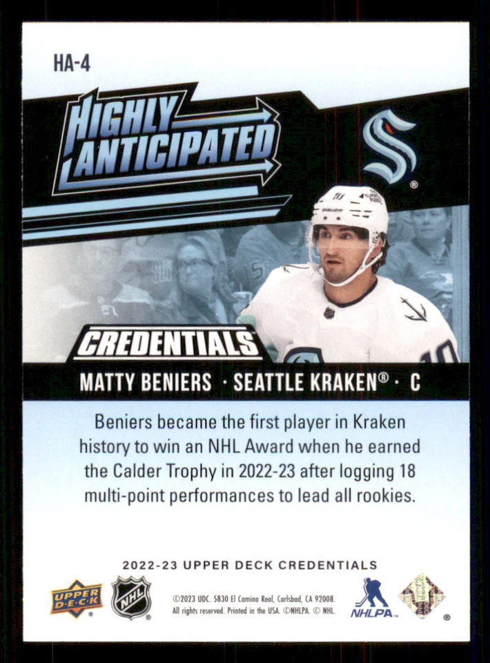 2022-23 Upper Deck Credentials Highly Anticipated #HA4 Matty Beniers - Image 2 of 2