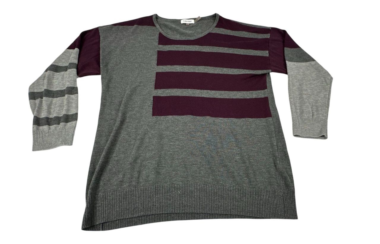 Calvin Klein Gray Maroon Color Block Sporty Indie Pullover Sweater Women Size L