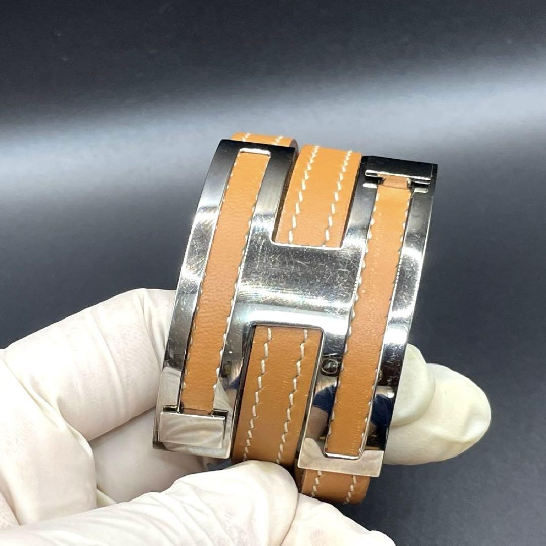 Hermes Puspus Bracelet in Camel Leather with Metal Accents 19.5-22.5cm