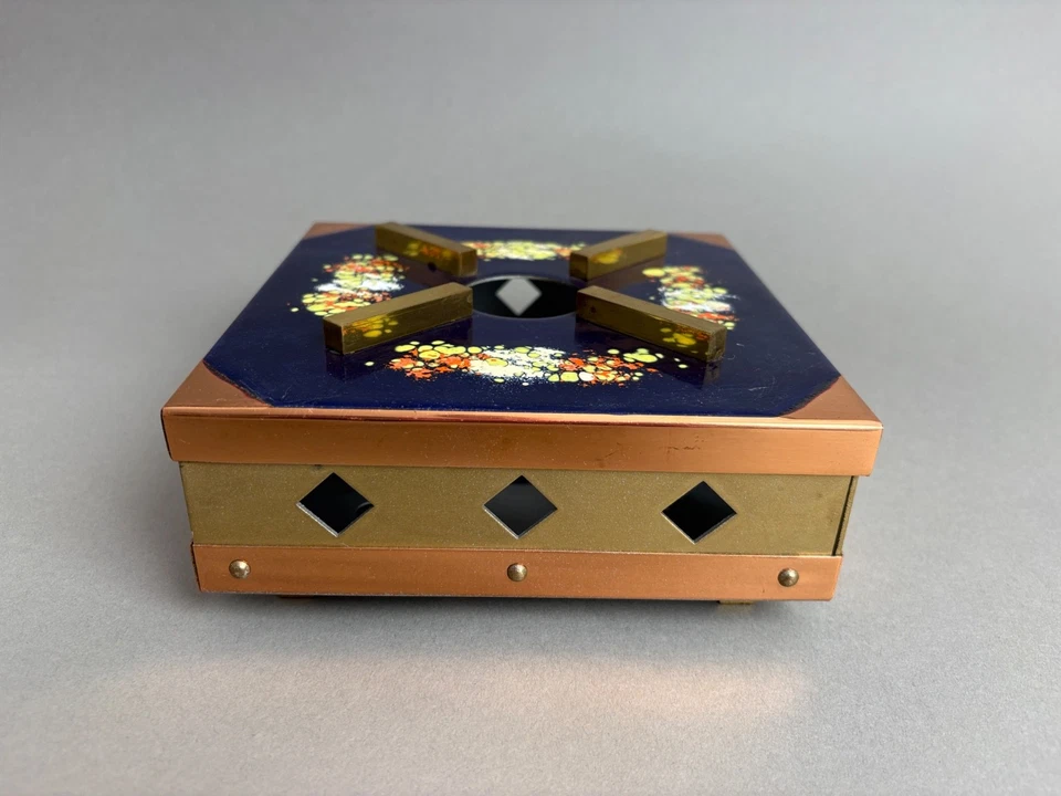 Vintage Stövchen Rechaud Emaille Kupfer Messing 60er Blau Gold Mid Century TOP - Bild 3 von 4