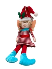 Elf Girl Doll Plush Christmas Ornament Shelf Sitter 13” Red White Dress Hat NWT