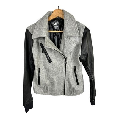 Nike NSW Womens Size Small Gray Wool Destroyer Jacket Moto Bomber Leather