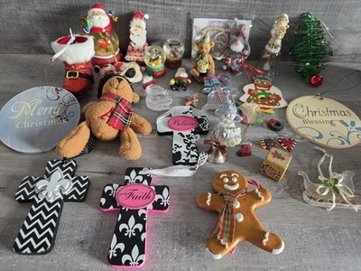 Lot of 25 Christmas Ornaments Snowglobes Crosses Santa Misc Bin317