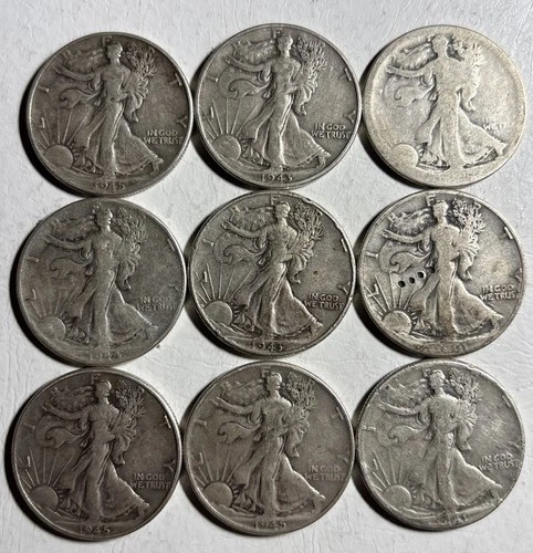 1940s American Silver Walking Liberty Half Dollar Lot x9 Mixed Dates 90% Silver