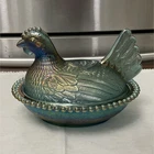 Vintage Indiana Blue Iridescent Carnival Hen on a nest read