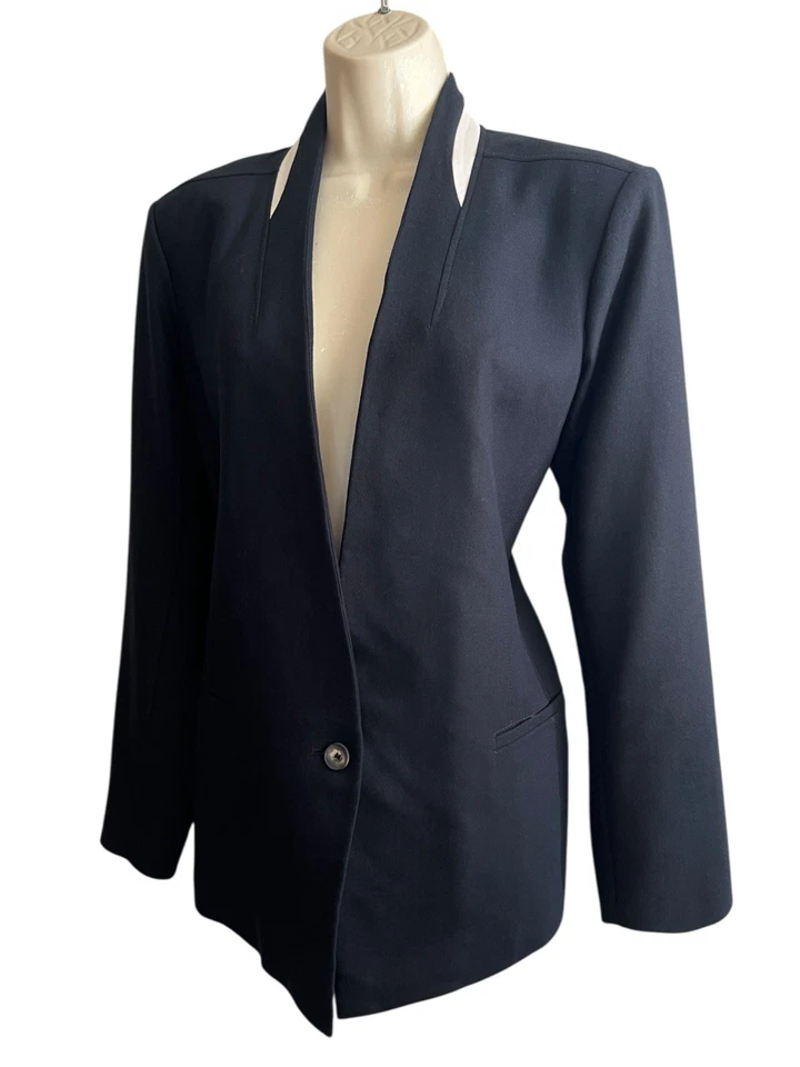 Helmut Lang Black Blazer White Leather Collar Detail Rayon Wool Size 12 USA - Image 3 of 4