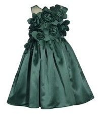 NEW Bonnie Jean Girl Size 4 "GREEN CASCADE ROSETTE" Matte Satin Christmas Dress