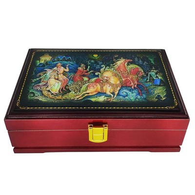 Hand-Painted Russian Lacquer Miniature Wooden Jewelry Box with Mirror | Troika