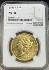1879-S $20 GOLD LIBERTY DOUBLE EAGLE Classic Coin Graded by NGC AU58