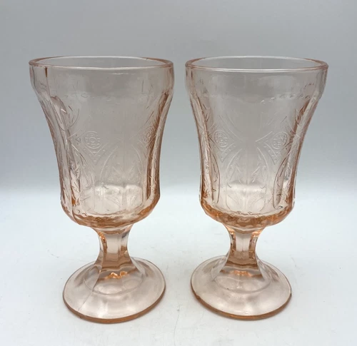 2 Vintage Indiana Glass Pink Madrid Federal Depression Water Goblets Footed Stem
