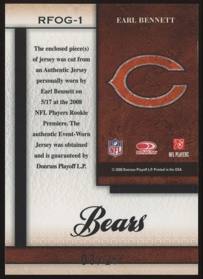 Earl Bennett Rookie Patch /25 #RFOG-1 2008 Leaf Certified Materials Bears Team - Image 2 of 3
