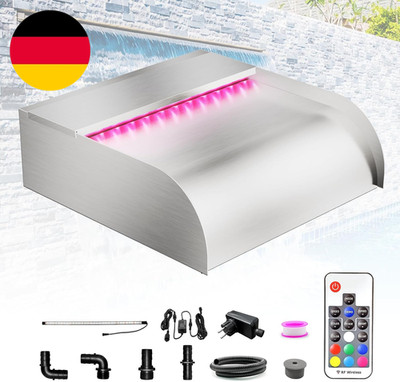 LONGRUN 30Cm Teich Wasserfall Set,304 Edelstahl Pool Wasserfall Mit RGB LED Und 