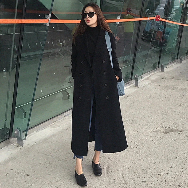 Winter Fashion Breasted Lapel Black Trench Coat Womens Wool Blend