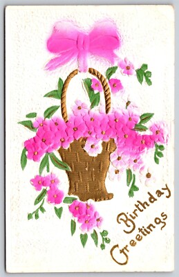 Postcard Birthday Greetings Airbrushed Embossed Gold Basket Pink Flowers Bow D42