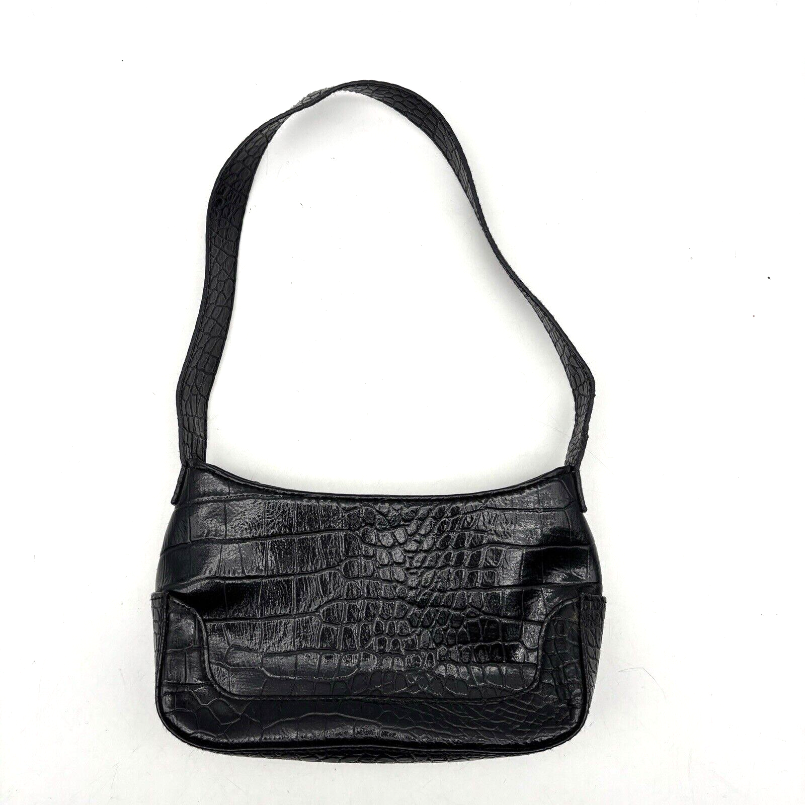 Vintage 00s Y2K Giannini Black Faux Patent Croc Leather Small Shoulder Baguette