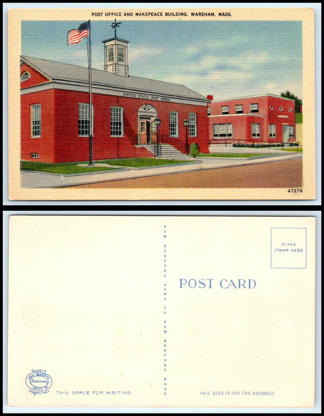 MASSACHUSETTS Postcard Wareham, Post Office & Makepeace Building M54