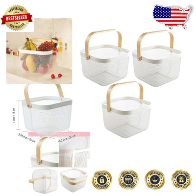 Rust-Resistant 3-Pack Metal Mesh Baskets with Wooden Handles for Organizing