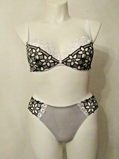 2pc Mason Lejaby 13432 13462 Black Motif Floral Lace UW Bra 36C Tanga Pantie L