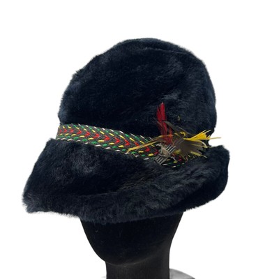 Vintage  Faux Fur Fedora Feathered Hat Black Vintage 60s Medium Black Faux Fur Fedora Cossack Hat Feather  main image 2