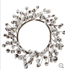 15” Natural Floral White Cotton Boll Ball Wreath Southern Farmhouse Home Decor