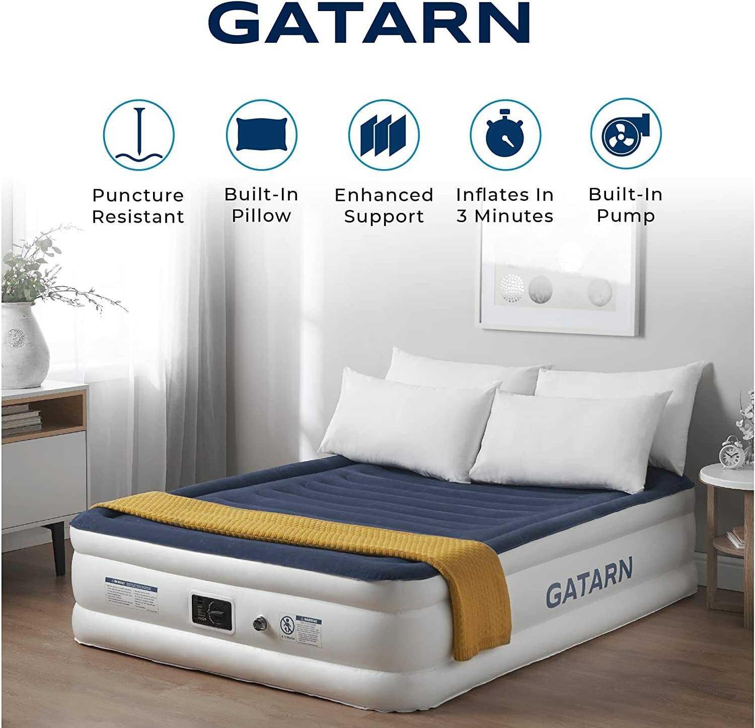 Gatarn King Size Double Air Bed, Inflatable Air Mattress Builtin