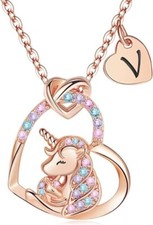 14K Gold Plated Unicorn Necklace Initial V Girls Heart CZ Pendant Hypoallergenic